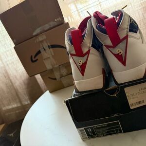 Jordan 7 Men’s White and Red Basketball Sneakers - Size 12
